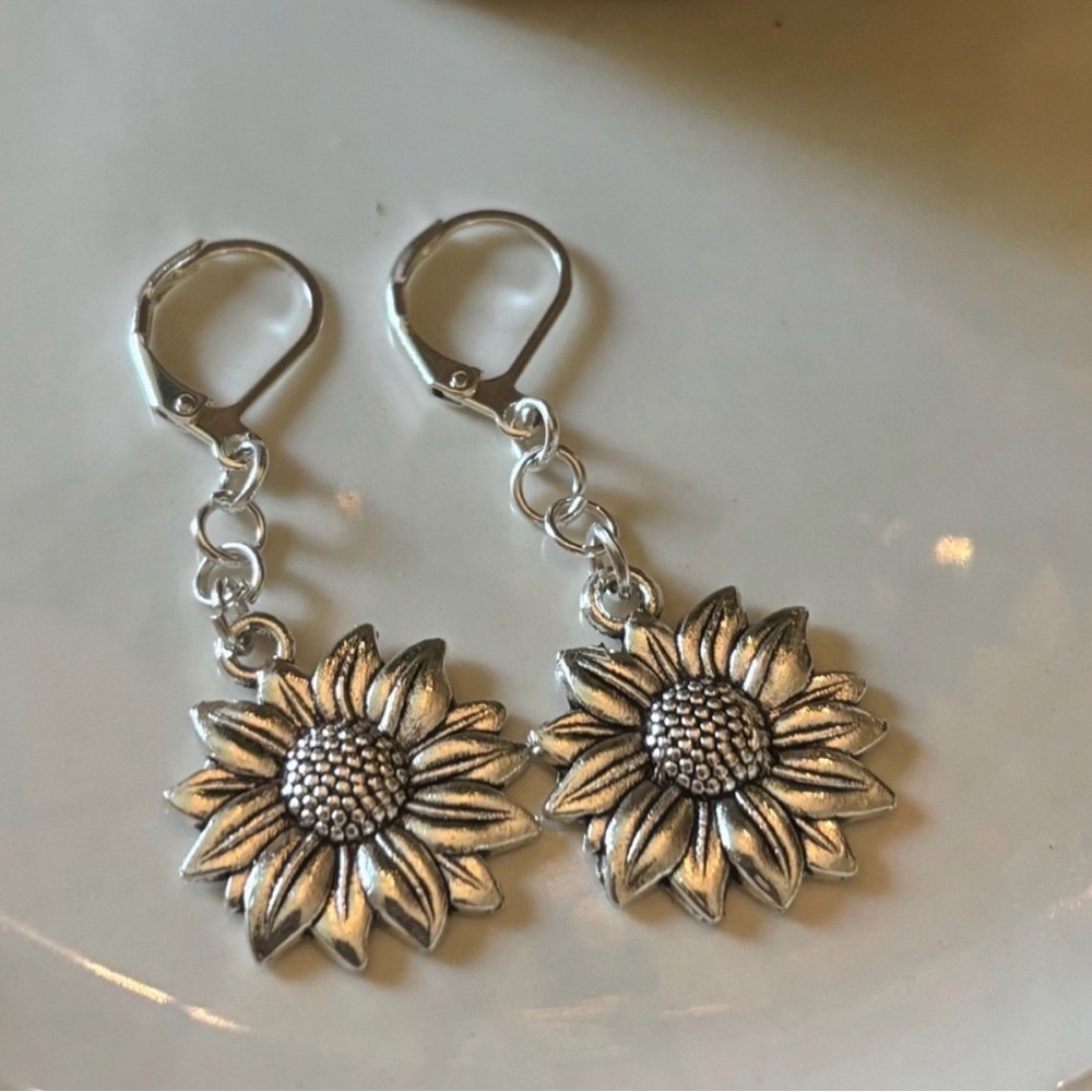 Sterling-Style Silver Sunflower Dangle Earrings for Women-Handmade